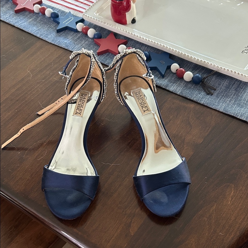 Badgley Mischka Satin Navy Heels with Rhinestone Straps